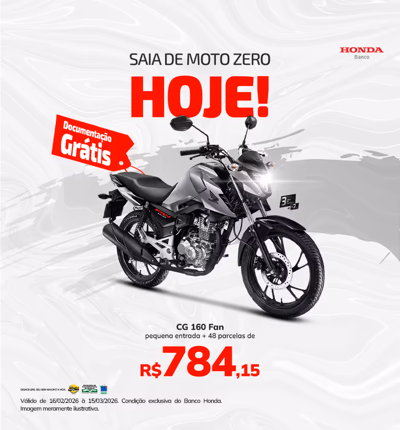 Banner de Campanha Fevereiro e Março 2026 Caiobá Motos Financiamento Honda CG 160 FAN